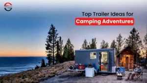 Camping trailer setup by SilverShine Chassis near the coast, showing a durable enclosed trailer ideal for camping adventures and outdoor travel