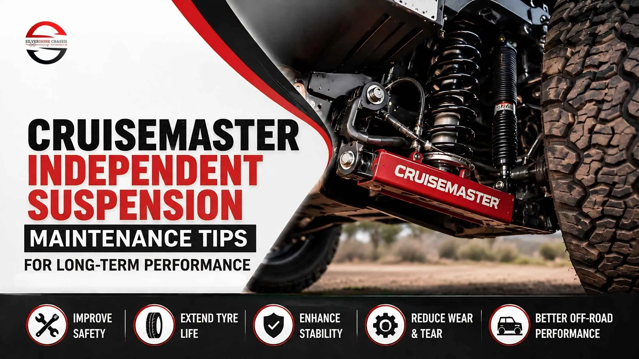Cruisemaster independent suspension maintenance tips banner featuring Silvershine custom caravan solutions for Australian off-road caravans.